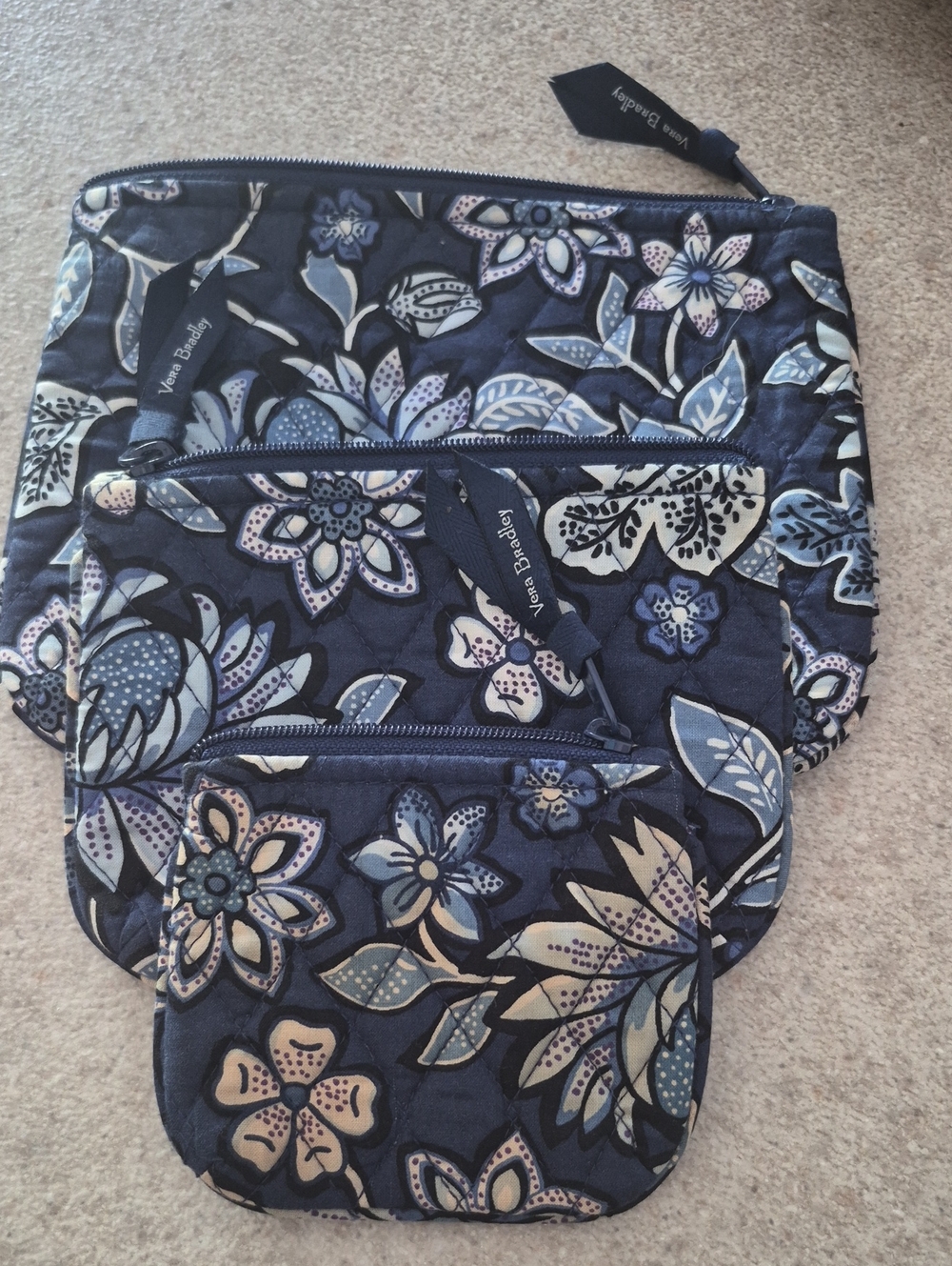 Vera Bradley Navy Floral Quilted Pouch Trio with Light Blue and Cream Accents
